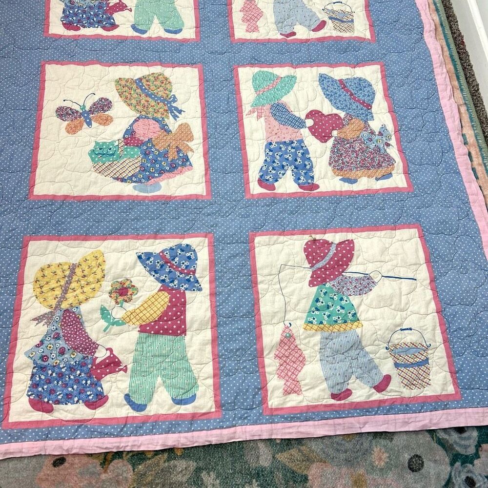 Vintage Sunbonnet Sue Sam Blue Pink Holly Hobby Style Bonnet Throw Quilt 49"x43" - Picture 10 of 15